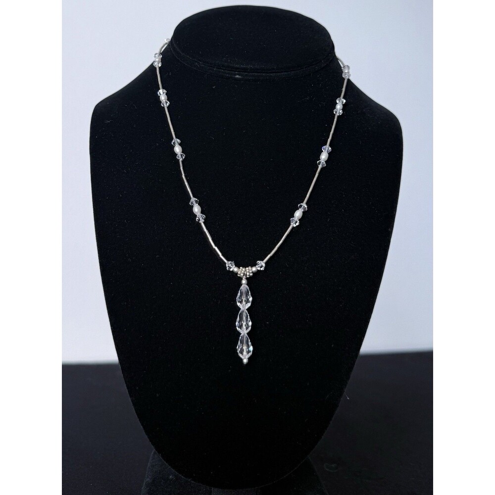 Vge Art Deco Sterling Silver Tubular Links Necklace Crystal Drop Pearl Tested